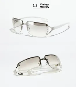 Detail view of C3 frameless square Y2K sunglasses with silver studs and white temples
