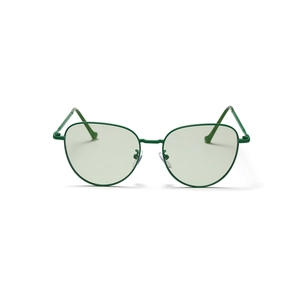 Modern cat eye sunglasses with green metal frames and light gray lenses for women