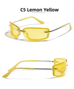 Detail der zitronengelben Y2K Rechteck-Sonnenbrille mit silbernen Metallteilen ohne Rahmen