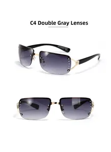 Detail of rimless Y2K square sunglasses with gradient grey lenses and rhinestone accents