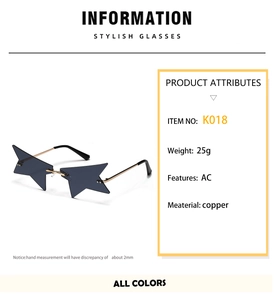 Detailed close-up of star-shaped rimless sunglasses with gold copper frame and dark lenses