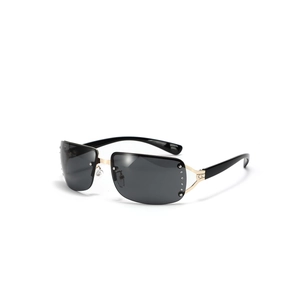 Frameless square Y2K sunglasses with black lenses and side sparkling rhinestones