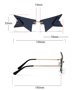 Detailed dimensions of star-shaped rimless sunglasses with gold metal frame specifications