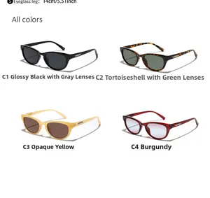 Vue détaillée de lunettes de soleil œil-de-chat tendance en noir, écaille, jaune et rouge
