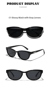 Vue détaillée de lunettes de soleil œil-de-chat noires avec accents métalliques argentés