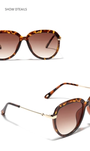 Détails de lunettes de soleil écaillées avec charnières en métal doré et verres dégradés