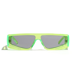 Neon green cat-eye sunglasses with rhinestone studs and grey lenses in a front view