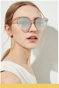 Close-up of stylish cat-eye sunglasses with translucent pink frames and mirrored lenses