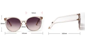 Detailed size chart for retro round sunglasses with champagne frames and dimensions in mm