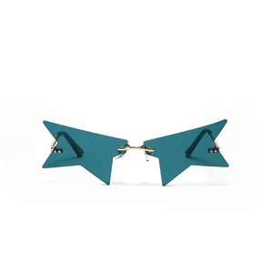 Chic star shaped rimless sunglasses with blue lenses and slim golden metal frame