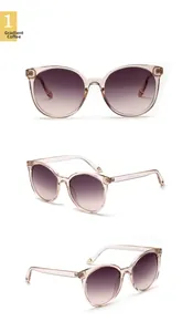 Three-way view of retro round cat-eye sunglasses with transparent champagne brown frames