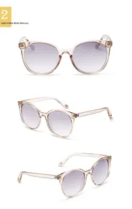 Detailed views of round retro sunglasses with light coffee frame and purple gradient lenses