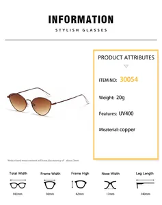 Detailed sizing chart and technical specifications for retro cat-eye metal sunglasses
