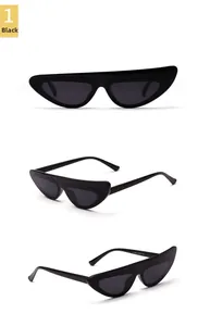 Three-view display of black narrow-frame irregular cat-eye sunglasses for men