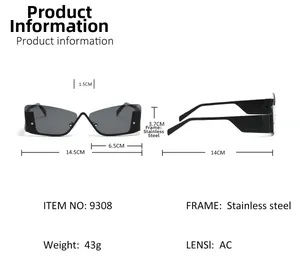Detailed size chart of rimless square sunglasses with dimensions and frame specifications
