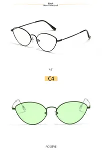 Close-up of cat-eye metal frames in black and dark green with tinted lenses