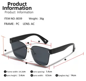 Detailed size chart for square rimless sunglasses showing lens height and frame width