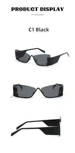 Three-view display of black rimless square sunglasses with wide temples and C1 frame finish