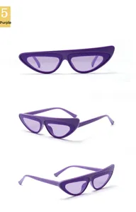 Detail view of purple irregular cat-eye sunglasses with printed model number on the temple
