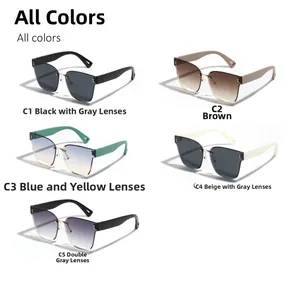 Detailed flat lay of square rimless sunglasses in five assorted frame colors and lenses