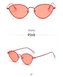 Front and 45-degree side view of vintage cat-eye sunglasses with pink metal frames