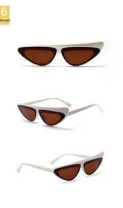 Detailed views of white irregular frame sunglasses with brown lenses from three angles
