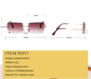 Detail view of rimless square sunglasses with purple gradient lenses and gold metal frames
