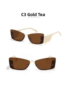 Detailed views of gold metal rimless square sunglasses with tinted brown lenses
