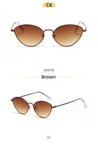 Detailed front and side view of brown gradient cat eye sunglasses with metal frame