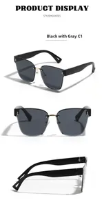 Three-view display of black square rimless sunglasses with gold nose bridge details