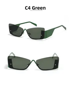 Detail of dark green rimless square sunglasses with grey lenses and geometric metal frame