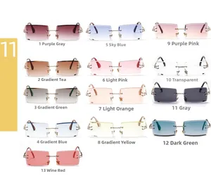 Detailed grid display of rimless rectangular sunglasses in 13 assorted gradient colors