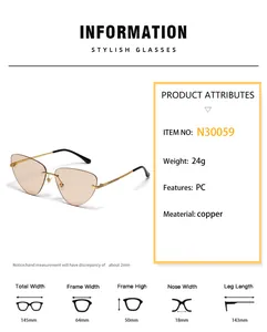 Spécifications détaillées des dimensions pour lunettes de soleil œil de chat N30059