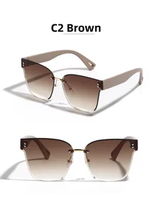 Detailed side view of rimless square tea brown gradient sunglasses with metal bridge