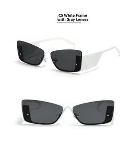 Detail of square rimless sunglasses C5 featuring white frame and grey lenses with studs