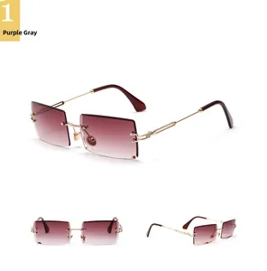 Detailed views of rimless square sunglasses with purple-grey gradient lenses and gold frames