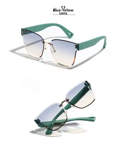 Detail of square rimless sunglasses with blue-yellow gradient lenses and green temples