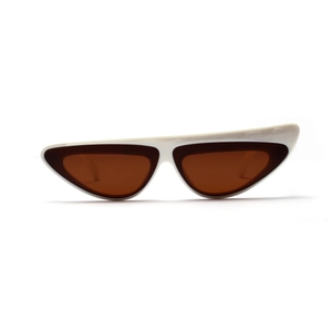 Irregular white frame sunglasses with amber lenses and cool futuristic narrow cat eye design