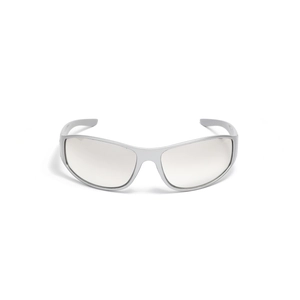 Futuristic silver wrap-around Y2K cycling sunglasses with light grey lenses for men