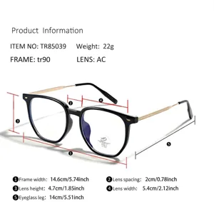 Detailed size chart for TR90 blue light blocking glasses with frame dimensions