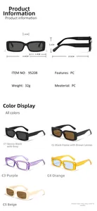 Detailed dimensions and five color options for rectangular frame fashion sunglasses