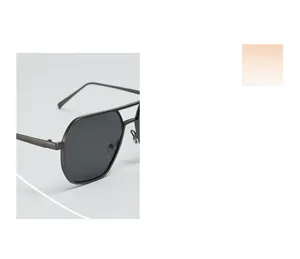 Macro detail of dark metal frame with double bridge design on polygon sunglasses