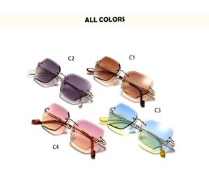 Détail de quatre lunettes de soleil hexagonales sans monture avec branches en métal et plaquettes
