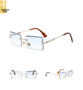 Three-angle view of rimless rectangular sunglasses with gradient blue lenses and gold frames