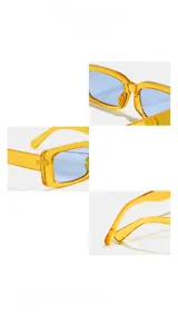 Detail shots of yellow transparent frames and blue lenses on rectangle sunglasses