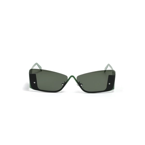 Modern rimless square sunglasses with dark green lenses and silver rivet accents