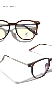 Macro shot of TR90 dark brown blue light blocking glasses with slim metal temples