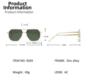 Detailed size chart for vintage polygon aviator sunglasses with metal double bridge frame