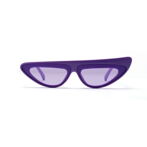 Futuristic purple irregular cat-eye sunglasses with thick plastic frames and tinted lenses