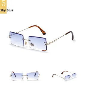Detailed views of rimless square sunglasses with sky blue gradient lenses and metal arms